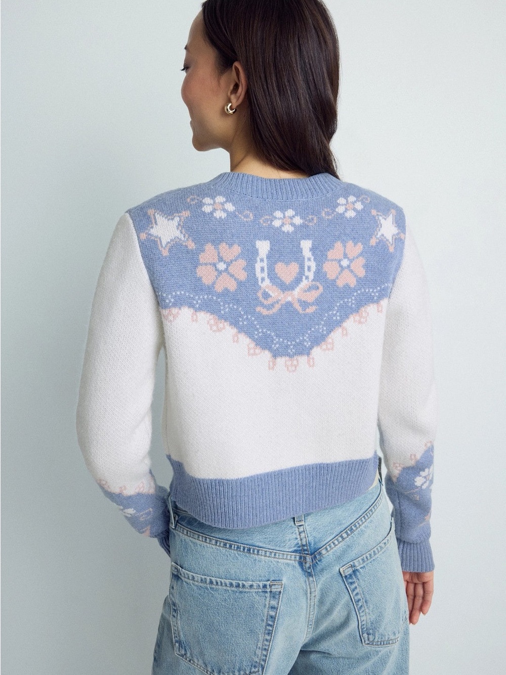 LoveShackFancy Leyah Western Style Cardigan Blue and Cream Star Pattern Sz XL